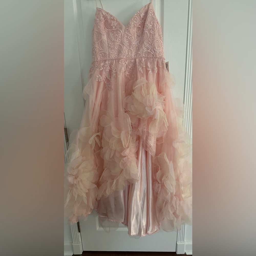 Mac Duggal Pink High Low Dress with Floral Details